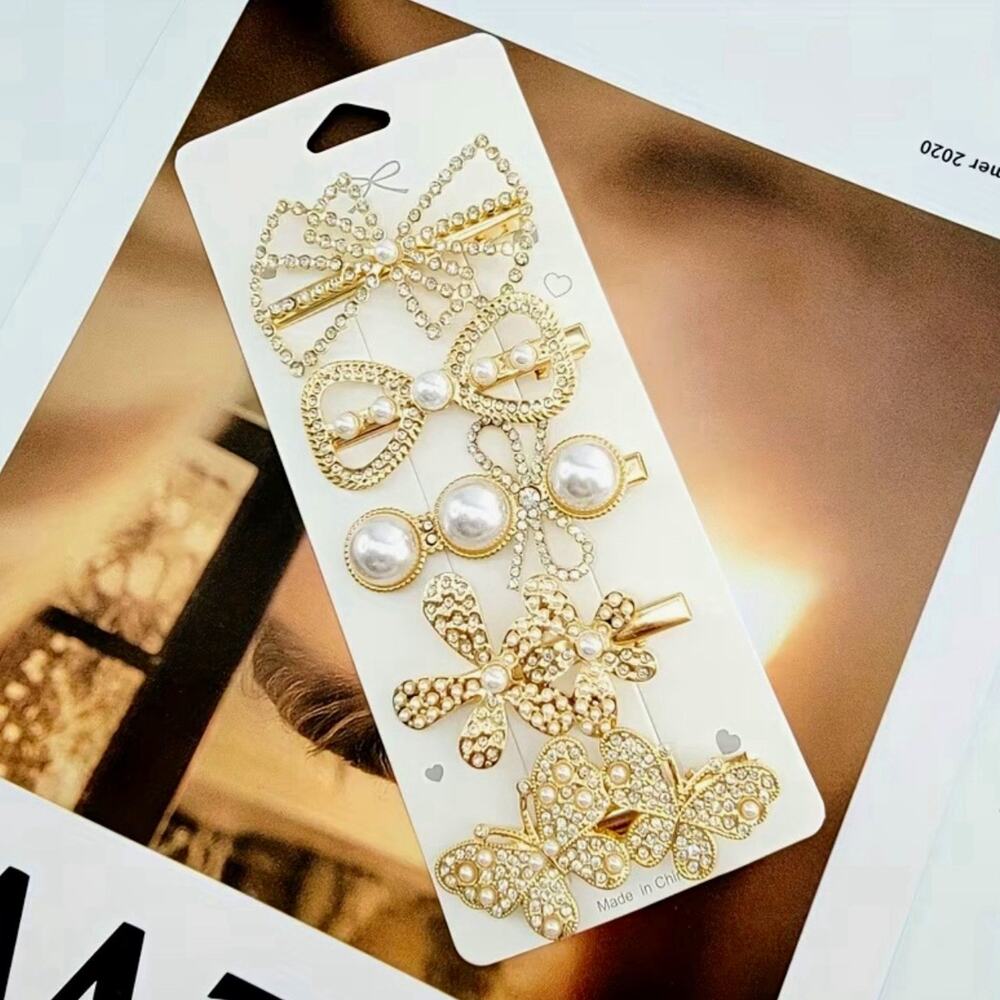 Gold Tone Metal Hair Clip Set, Rhinestone & Faux Pearl, Bow/Butterfly, 2.2cm